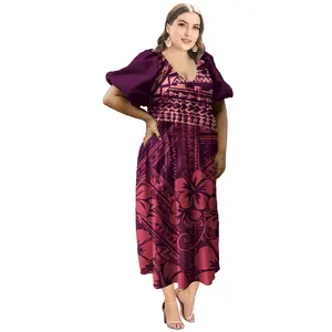 Polynesian Flower Dress Pacific Island Dress Latest Design Custom Vintage Short Sleeved Kaftan Dresses Women