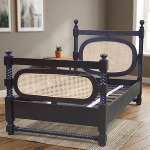 Cama Individual Ramses de Madera de Caoba y Ratán con Patas de Madera Trenzada Estilo Antiguo, Ancho 110, Profundidad 200, Altura 110 cm para Dormitorio - Product Image 3
