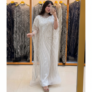 Robe de soirée de luxe AWAIS, coupe empire, longueur ras du sol, col rond, soutien-gorge intégré, broderie florale, perles de cristal - Product Image 1