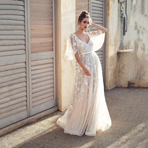 فستان زفاف أبيض من الدانتيل برقبة شكل V وأكمام مكشكشة عارية الظهر ملابس نسائية بسحاب خلفي فساتين سهرة طويلة أنيقة 50 منسوجة - Product Image 5