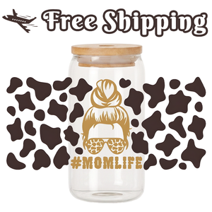 Free Shipping Hot Selling 16oz UV DTF pre-sized libbey glass can wrap sticker Western cow print momlife messy bun decal - Product Image 1