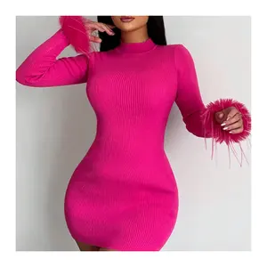 Розово-красные платья для женщин 2024 осень мода с длинным рукавом сексуальное приталенное мини-платье с перьями