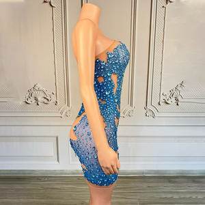 Novance Y5196 Toptan Ürünler Tek Omuzlu Lüks Kokteyl Parti Elbiseleri Kadınlar İçin Parlak Mavi Taşlı Kısa Elbise - Product Image 2