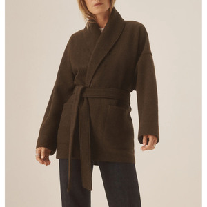 Women <b>Brown</b> Shawl Collar Wool Blend Coat Casual Self <b>Tie</b> Belt Waist Mid Length Ladies Winter Woolen Outerwear - Product Image 1