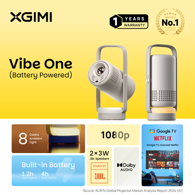 XGIMI Vibe One Portable Projector Built in Battery JBL Speaker Ambient Light Google TV Mini Outdoor Camping Projector