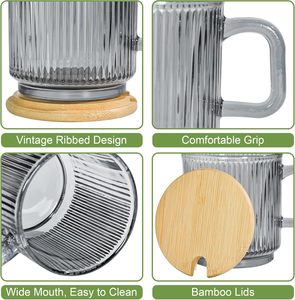 Tazze da <span class=keywords><strong>caffè</strong></span> in vetro Set di 4 11oz tazza di vetro con coperchi e cucchiai trasparente <span class=keywords><strong>bicchieri</strong></span> da <span class=keywords><strong>caffè</strong></span> ghiacciati <span class=keywords><strong>per</strong></span> bevande calde fredde Vintage a coste - Product Image 5