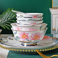 Nouvel ensemble de vaisselle de 20 pièces en porcelaine fine de style européen, luxe léger, motif végétal classique, bord doré (bols, assiettes, plats)