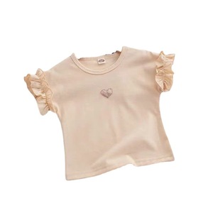 Blusa <span class=keywords><strong>de</strong></span> Algodón Tejido Transpirable para Bebés Niñas, Estilo Coreano, con Volantes, Manga Corta, Absorbe la Humedad, Color Sólido, Personalizable con Logotipo - Product Image 5