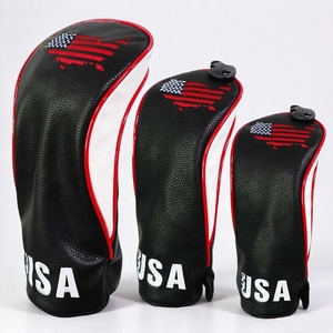 Housse de tête de club de golf brodée drapeau USA, pour driver, fairway wood et hybride, en cuir PU, ensemble noir et blanc - Product Image 1