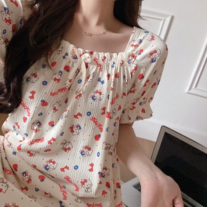 Set di <span class=keywords><strong>pigiama</strong></span> stampato lungo stile di vita quotidiana estivo da <span class=keywords><strong>donna</strong></span> abbigliamento Casual per la casa <span class=keywords><strong>con</strong></span> <span class=keywords><strong>pigiama</strong></span> lavorato a maglia in pizzo-commercio all'ingrosso - Product Image 3