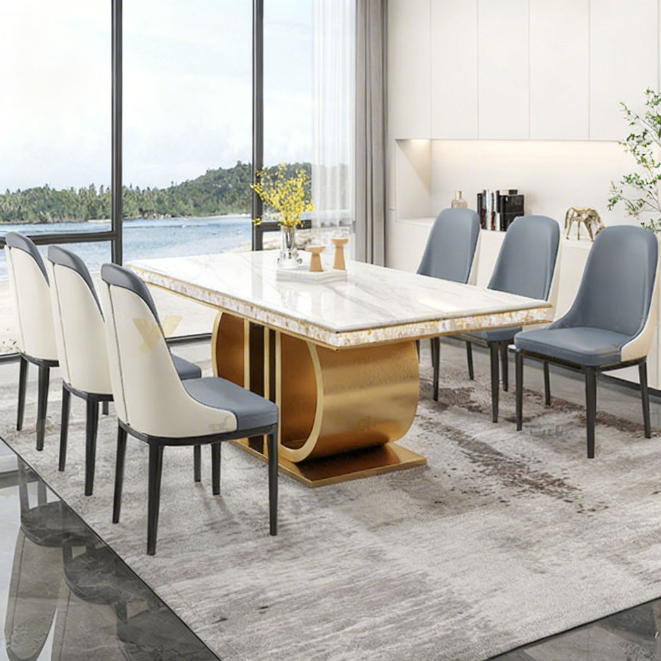 Modern Luxury Gold Mirrored Marble Dining Table Set 8 Seater Metal ...