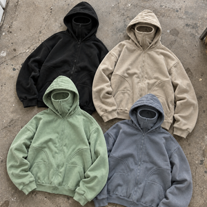 Hooded Sweatshirt with Built in Mask Balaclava Recycled Organic Cotton Hi Vis Polar Fleece <strong>Jumpers</strong> Distressed Faded Black Hoodie - Product Image 3