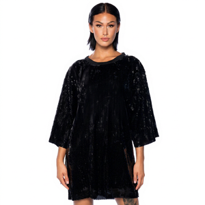 Chemise en velours noire surdimensionnée brodée de paillettes, manches trois quarts, sans col, vêtements d'hiver pour hommes - Product Image 1