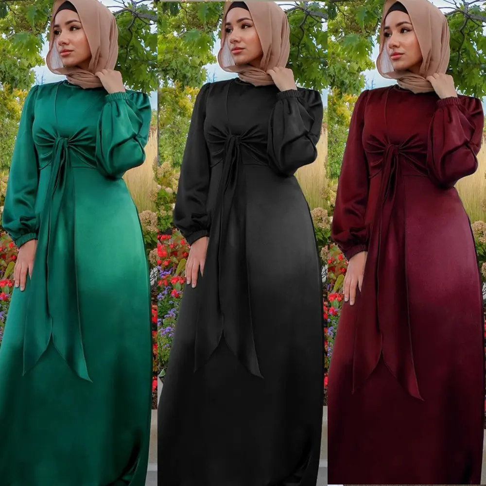 ชุดเดรสยาวผ้าซาตินสไตล์อาบายาตุรกี,เสื้อผ้าแฟชั่นอิสลามแบบผูกเชือกสไตล์ตุรกีสีล้วน