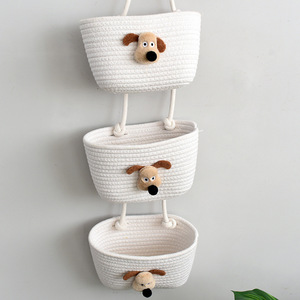 Panier de rangement mural en corde de coton blanc à 3 niveaux, rectangulaire, avec motif visage de chien, pour organiser les vêtements - Product Image 1