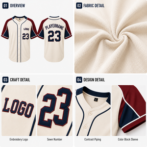 Maillot de baseball personnalisé pour homme, 100 % polyester, maille vintage, crème, chemise boutonnée, manches bordeaux, numéro d'équipe, passepoil, uniforme - Product Image 3