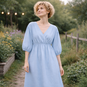 Fournisseur de haute qualité de robes décontractées, robe en lin bleu à col en V et manches bouffantes pour filles, robe élégante pour femmes - Product Image 5