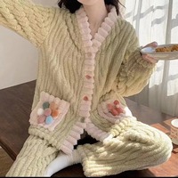 Cardigan arc-en-ciel ensemble deux pièces pour femmes hiver corail polaire réversible épaissi pyjamas chaud maison porter doux chaud ensemble pyjamas