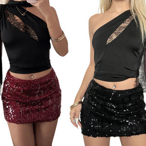 Hot Sale Wholesale <b>Red</b> <b>Sequin</b> Patchwork Bodycon Mini Skirt Natural Waistline Eco-Friendly Spandex/Polyester Club Party for Women - Product Image 1