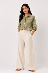Camisa de Algodón para Mujer, Color Verde Oliva, Bordada, con Estampado Floral, Estilo Casual, con Botones, Mangas Enrollables, para Uso Diario - Product Image 3