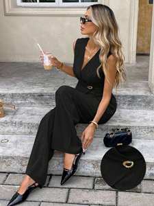 <span class=keywords><strong>Ensemble</strong></span> pantalon et veste sans manches à col en V pour femme, 2 pièces, style européen et américain, personnalisé en usine, teinture unie, printemps/été, usage quotidien, décontracté - Product Image 5