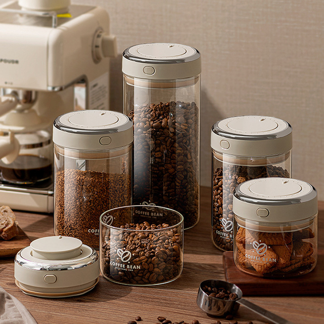 Multifunction Dampproof Airtight Food Containers Glass Vacuum Coffee Bean Storage Canister With Lids