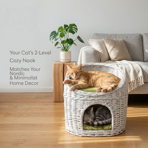 Cama para Gatos Moderna Hecha a Mano de Mimbre Blanco y Ratán - <span class=keywords><strong>Cueva</strong></span> Acolchada de Felpa Verde con Casa para Mascotas Duradera y Acogedora para Gatos en Caja - Product Image 2
