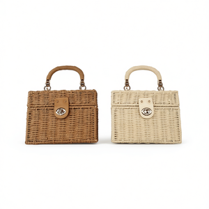 Bolso cuadrado de paja tejida con carcasa dura, 14,7x8x19,5 cm, bolso de mano a la moda para mujer - Product Image 3