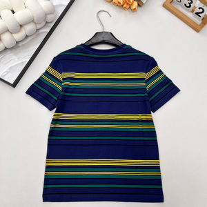 Women Navy Green <b>Yellow</b> Striped Short Sleeve Knit T Shirt Round Neck Soft Breathable Casual Daily Versatile Basic Fashion - Product Image 2