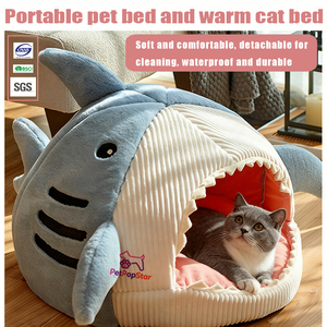 Geschlossenes warmes hai-förmiges Haustier bett Halb geschlossenes weiches Plüsch-Katzen hunde nest Tragbare Winterschlaf höhle für Katzen und Hunde im Innenbereich - Product Image 2