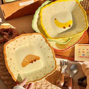 Cute Square <b>Ceramic</b> Plate 8 Inch Cartoon Fruit Design For Breakfast Snack Salad Deep Dish Home Use Party - Product Image 2