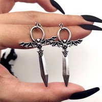 Boucles d'oreilles pendantes gothiques ailes de chauve-souris, en acier inoxydable argenté antique, longues, pour femmes, bijoux punk médiévaux sorcière