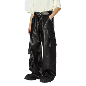 Pantaloni da Moto in <span class=keywords><strong>Pelle</strong></span> Nera Larghi Personalizzati per <span class=keywords><strong>Uomo</strong></span>, Stile High Street con Tasche Multiple, Pantaloni Cargo da <span class=keywords><strong>Uomo</strong></span> - Product Image 3