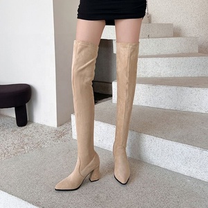 Red Over-The-Knee Boots Suede Pointed Toe <b>Block</b> Heel Zip Closure Thigh High Fashion Winter Style - Product Image 3