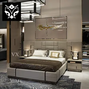 Italian Design Luxury Bedroom Furniture Set Modern Upholstered Leather Bedroom Bed With Extended Headboard