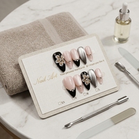 Faux ongles à presser faits à la main B280, forme amande, couvrance totale, motif floral 3D, style français pour doigts