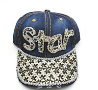 Casquette de baseball en jean avec lettres en strass multicolores et visière en dentelle noire et dorée, plusieurs couleurs disponibles en gros