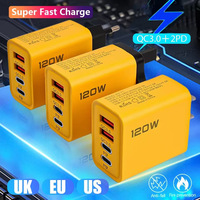 Pengisi Daya Dinding 120W Bahan PC+ABS Tahan Api 2 PD+2USB 5V2A Colokan EU US KR QC3.0 Tipe C Pengisi Daya Ponsel