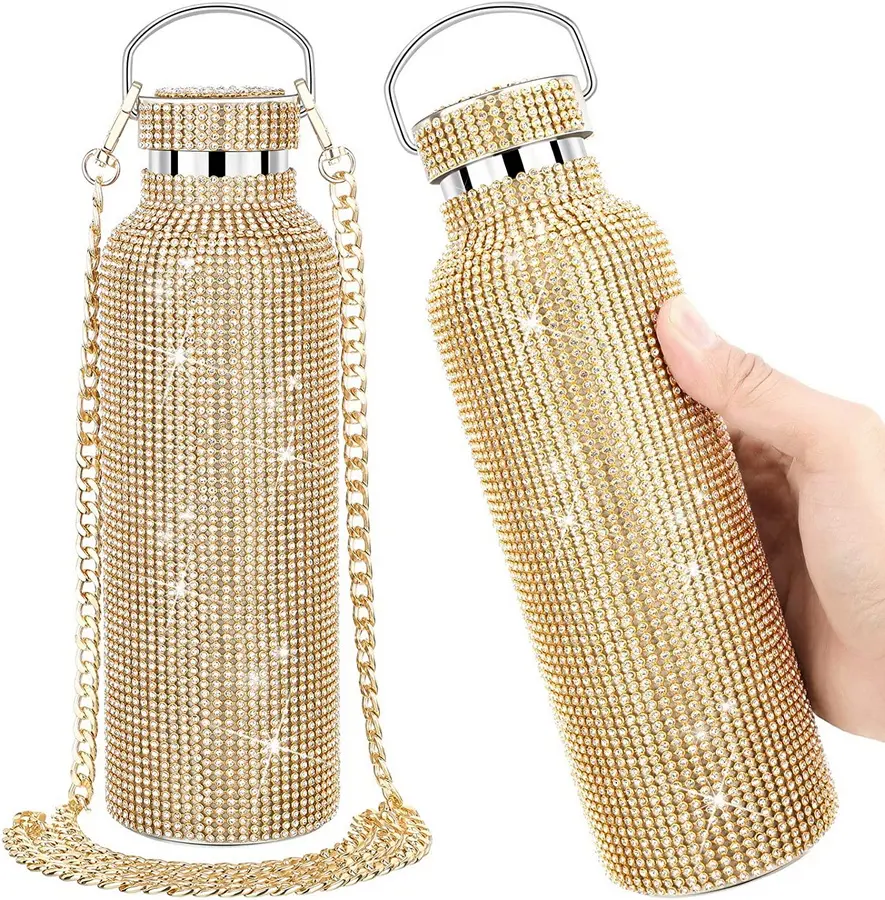 Women Bling Vacuum Tumbler Insulated Stainless Teel Thermal Glitter Rhinestone Drink Bottle With Chain