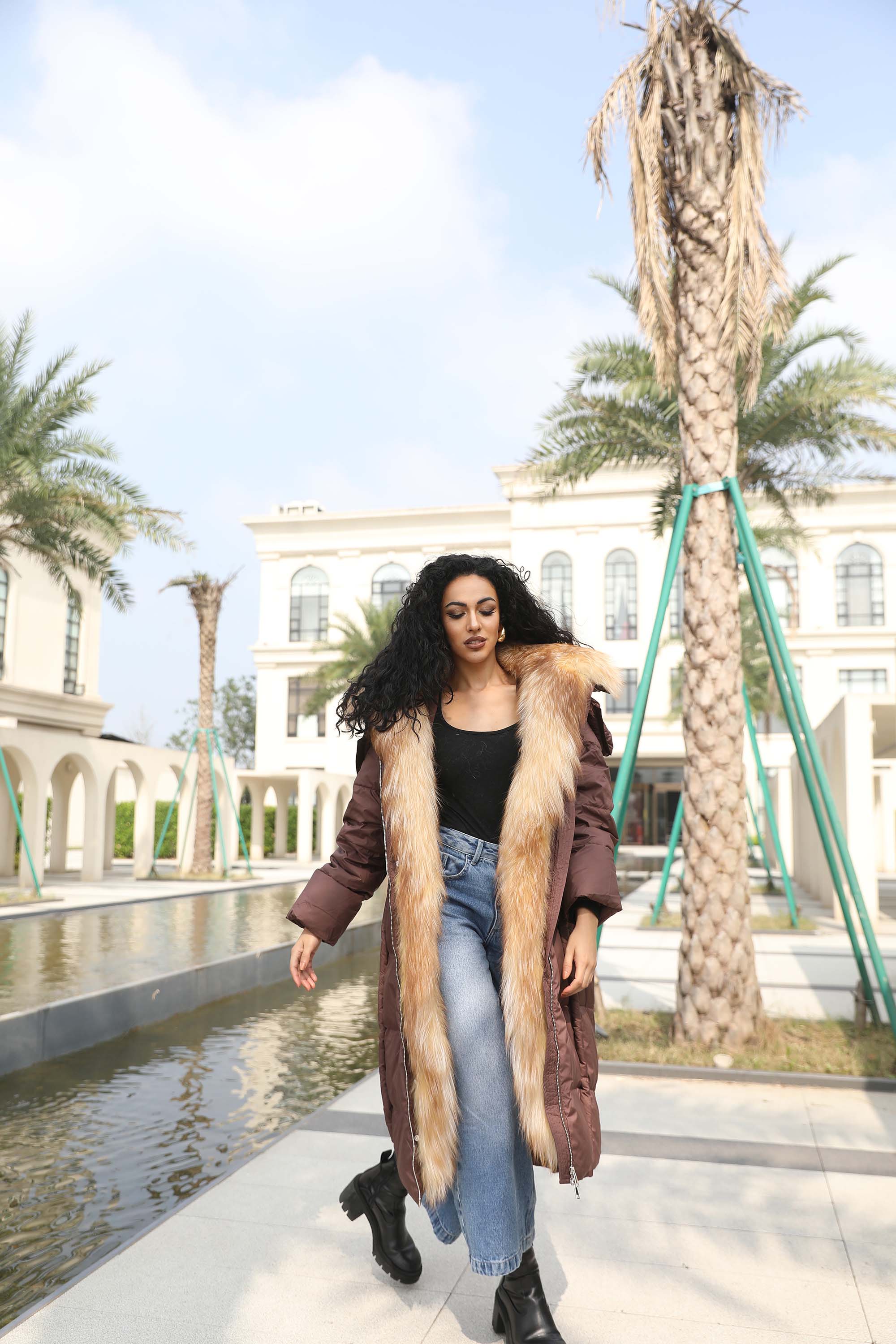 Women Long Length Real Fox Fur Trim Hooded Goose Feather Jacket