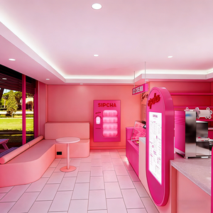 Tienda de Té y Helados de Estilo Dulce y Femenino con Vitrina Abierta, Estantes Rosados Escalonados e Iluminación LED Integrada - Product Image 5