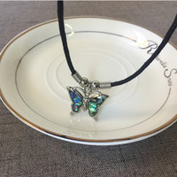 Collier et pendentif papillons plaqué argent pour femme, avec coquille d'abalone naturelle, cordon noir, bijou de mode, nouvelle collection