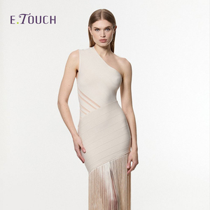 Maxi vestido de punto de algodón transpirable-dobladillo asimétrico con flecos - Product Image 1