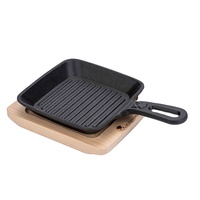 Wajan Panggang Steak Besi Cor Enamel untuk Memasak di Dapur atau Berkemah, Wajan Besi Cor Persegi, Wajan Panggang Anti Lengket dengan Nampan Kayu