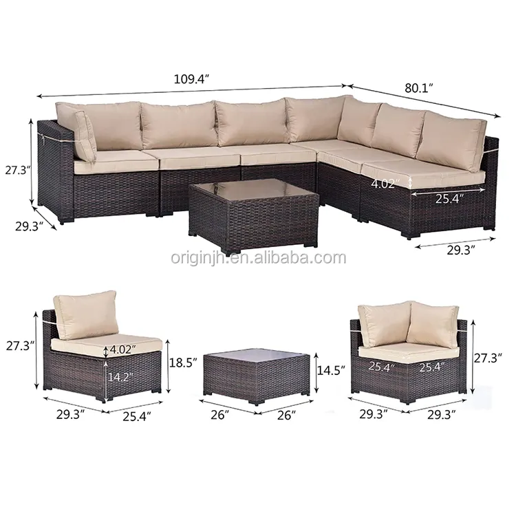 Großhandel outdoor terrasse gehärtetem glas tisch möbel modulare schnitts kd synthetische pe rattan wicker sofa set 7 sitzer