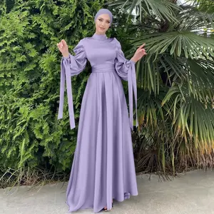 Gaun Wanita Elegan Kaftan Warna Solid, Pakaian Muslim Abaya Kerah Berdiri Renda Ayunan Besar A-line Pesta Noda Dewasa