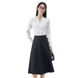 White Satin V-Neck Shirt Women Long Sleeve Office Elegant Blouse Solid Color Polyester Fabric - Product Image 5