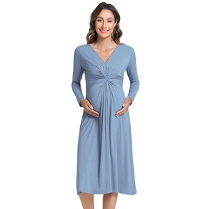 Women's Maternity Dress V-Neck Long Sleeve A-Line Empire Waist Breathable Casual Pregnancy Dress Loungewear Night Dress Pregnant - Product Image 1