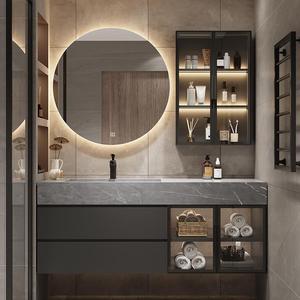 Dark gray modern style bathroom cabinet with round smart <b>mirror</b> washbasin and washbowl combination - Product Image 1