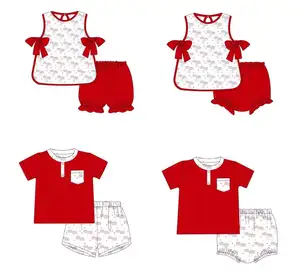 4th of July High Quality 2pcs Top and Shorts Girl Clothing Sets USA Flag Printed Kids Girl Boy Clothes Wholesale